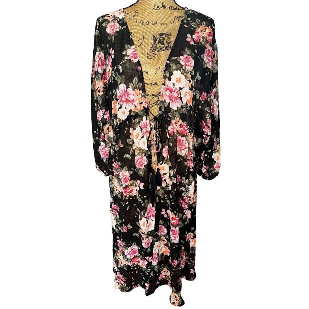 American Eagle Women’s Sheer Black Floral Open Front Kimono Cardigan Duster L/XL